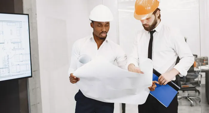 Dois profissionais de capacete examinando uma planta de projeto em escritório