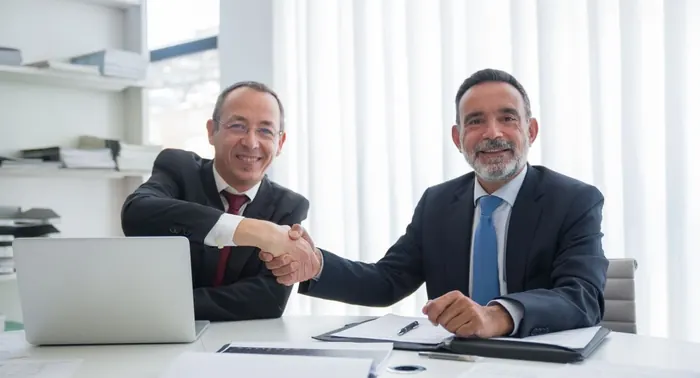 Dois homens de terno apertando as mãos em mesa com notebook e papéis