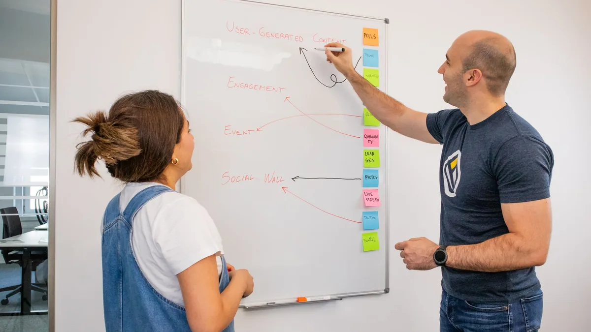Duas pessoas diante de um quadro branco com um diagrama e post-its coloridos, uma delas escrevendo
