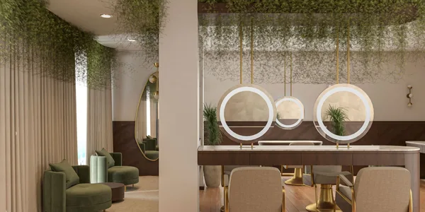 Interior de um salão de beleza com espelhos redondos iluminados, poltronas e parede de folhagem