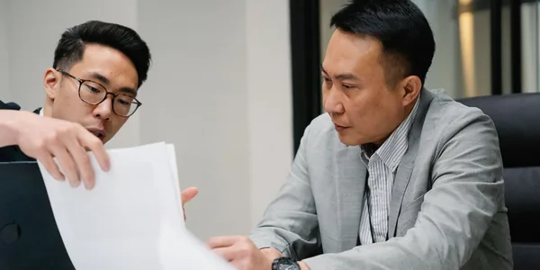 Dois profissionais analisando juntos um documento impresso sobre a mesa de reunião.