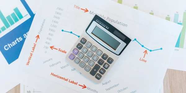Calculadora apoiada sobre gr&aacute;ficos e relat&oacute;rios financeiros impressos.