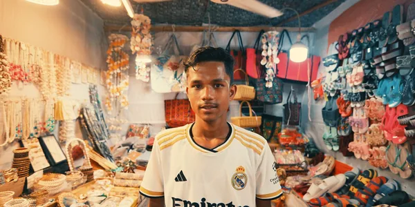 Jovem artesão em sua banca de feira, cercado de peças e acessórios feitos à mão