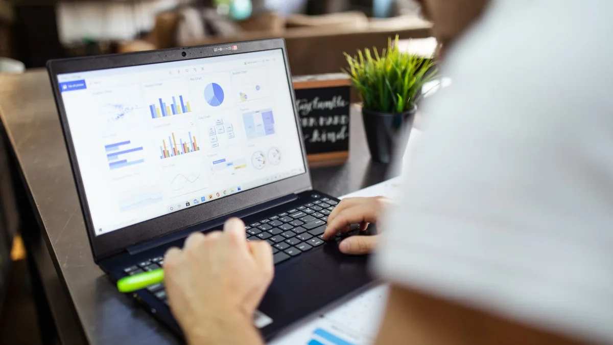 Pessoa analisando gráficos de desempenho em uma planilha aberta no notebook
