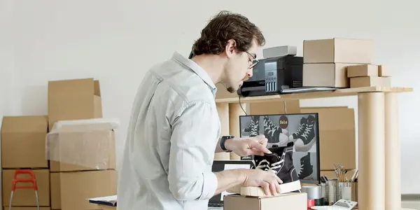 Empreendedora prepara caixas de pedidos na mesa de trabalho da loja virtual, rotina de quem lida com ICMS e DIFAL no e-commerce