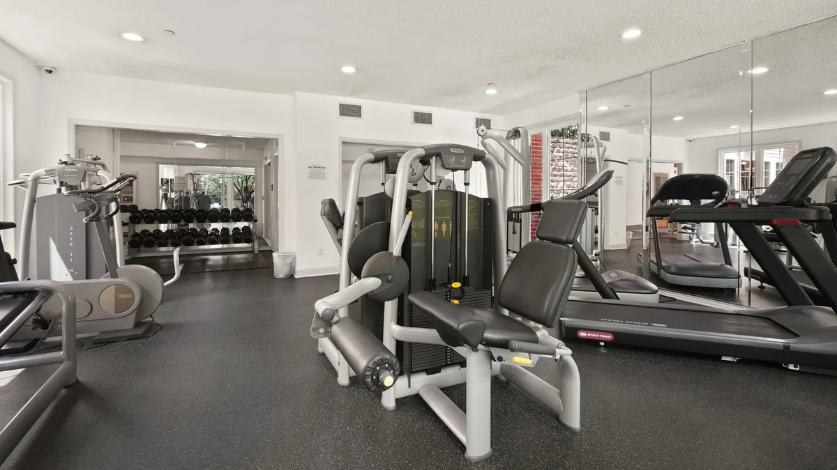 Interior amplo de academia com aparelhos de musculação e luz natural