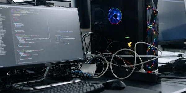 Monitor exibindo linhas de código ao lado do teclado em uma mesa de desenvolvimento.