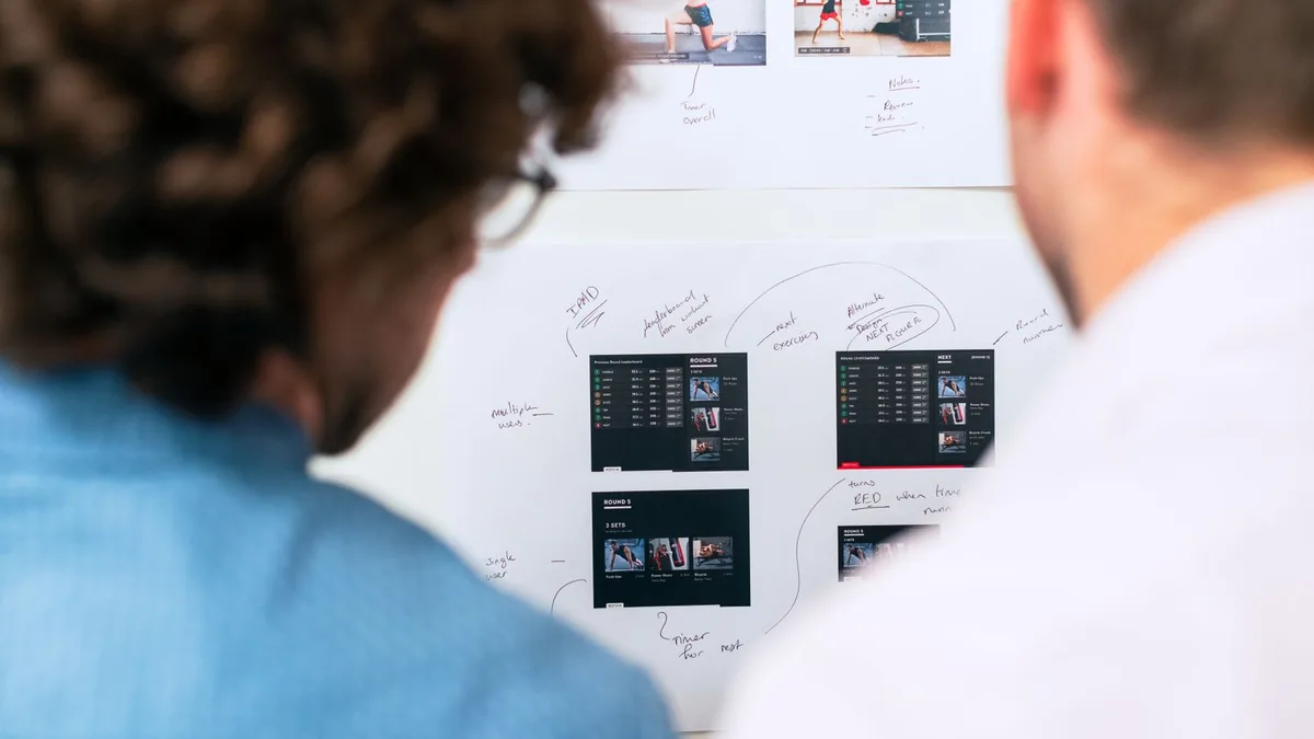 Equipe de desenvolvimento em reunião diante de um quadro com o planejamento da sprint
