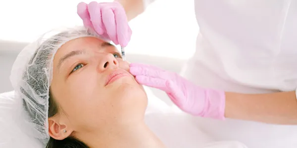 Profissional de luvas rosa aplicando um procedimento no rosto de uma cliente deitada em maca de clínica, com touca descartável na cabeça.